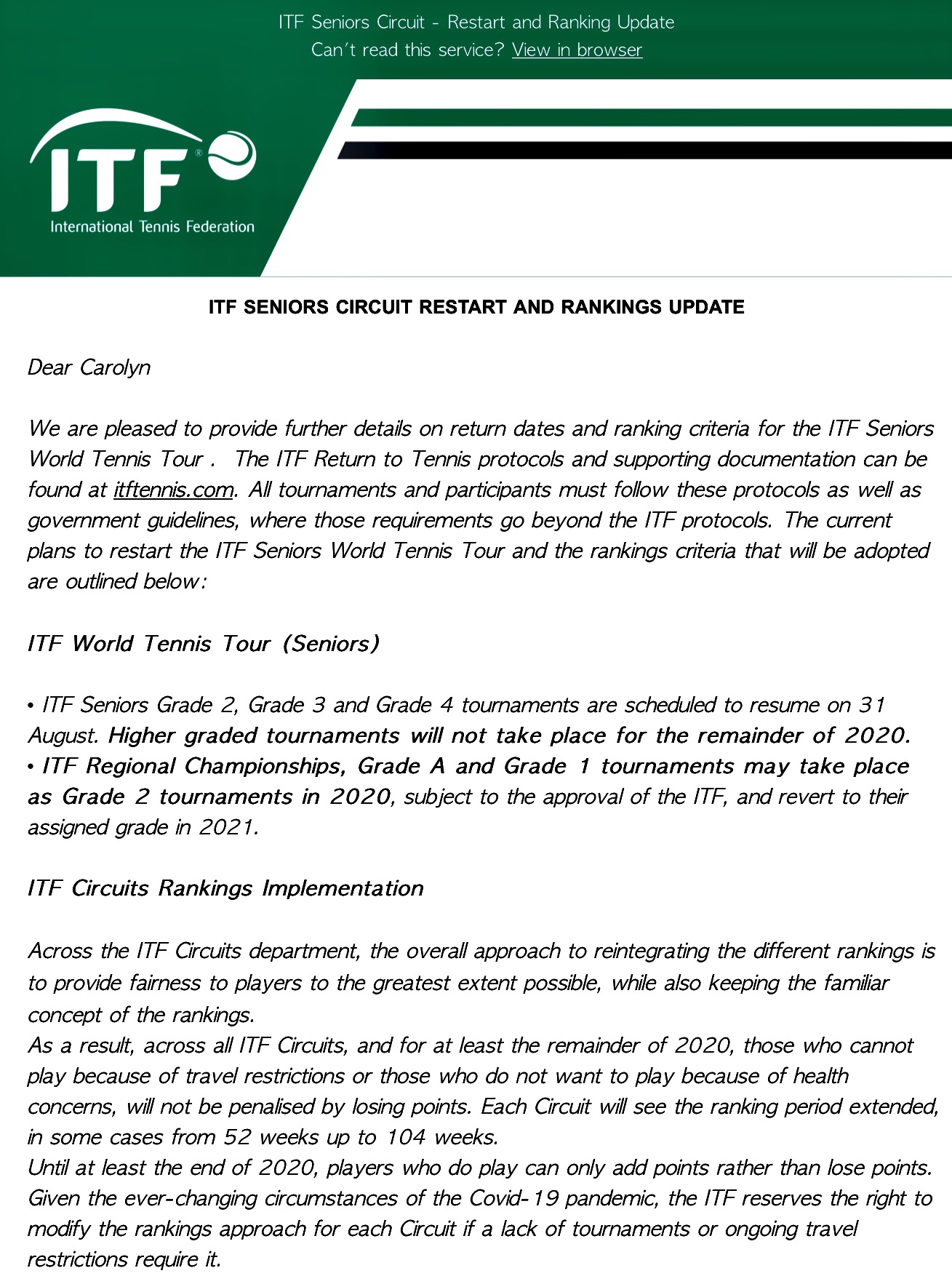 ITF Seniors Tournaments To Resume August 31st Grade 2 3 4 ONLY To 
